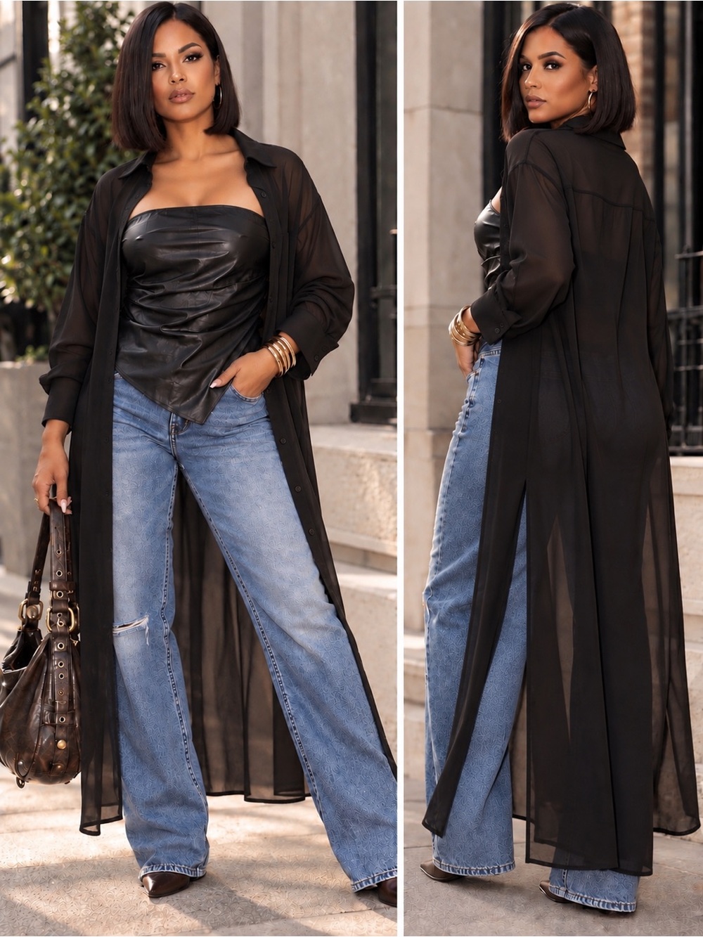 2pc Women’s Black Sheer Duster Shirt & Vegan Leather Top Lightweight Layer